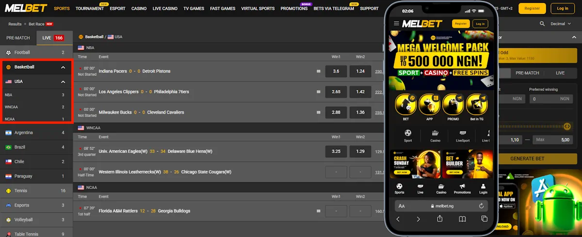 NCAAB Melbet Desktop and Mobile Screenshot